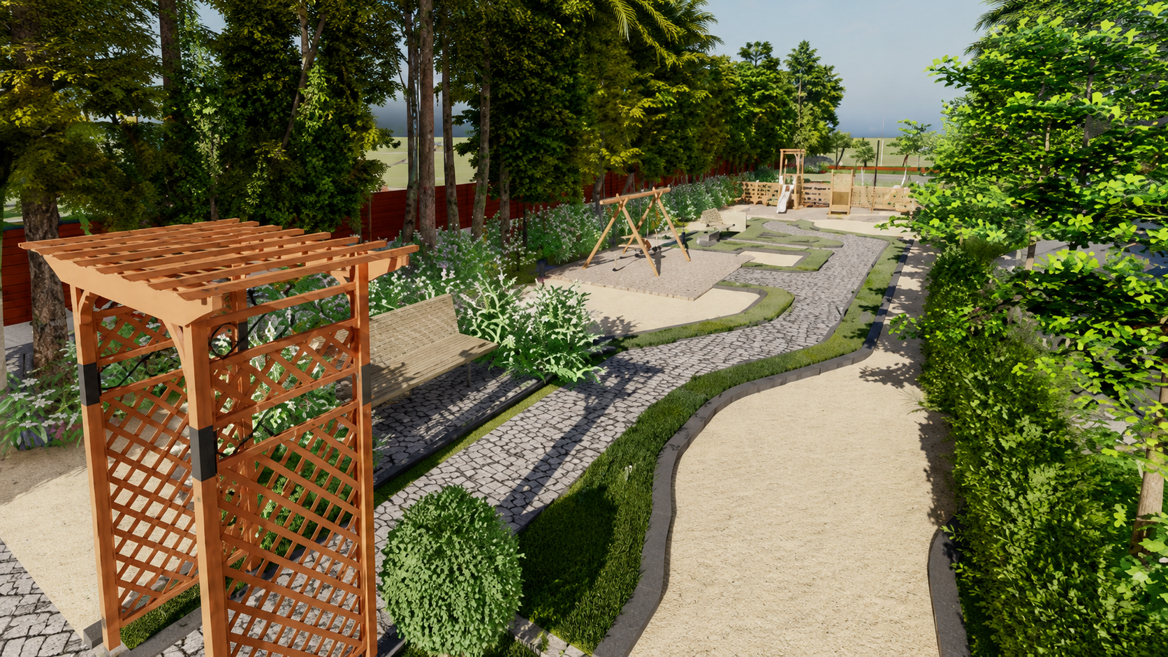 Landscaped pergola, walkways and children's play area at Mulberry Hills