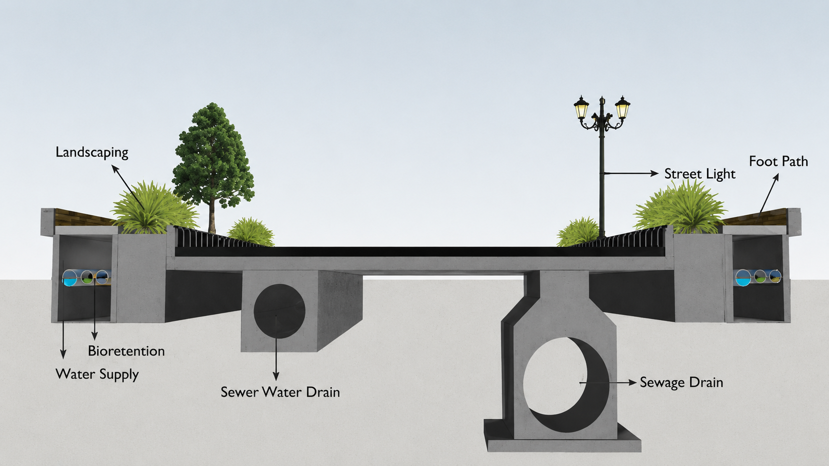 Road infrastructure cross-section showing landscaping, street light, foot path, water supply, bioretention, sewer water drain and sewage drain